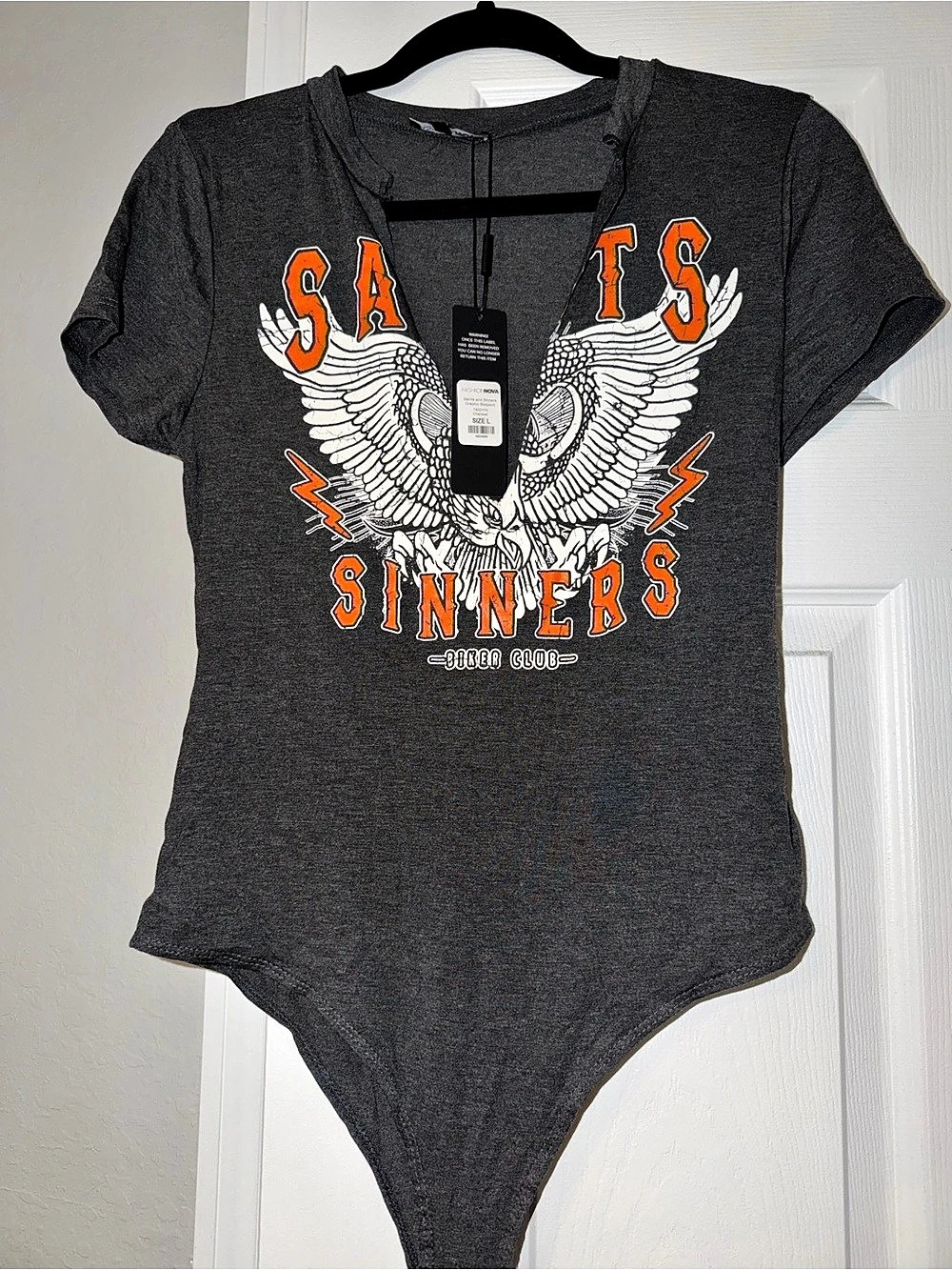 Fashion Nova Saints and Sinners Graphic Bodysuit Gray & Orange